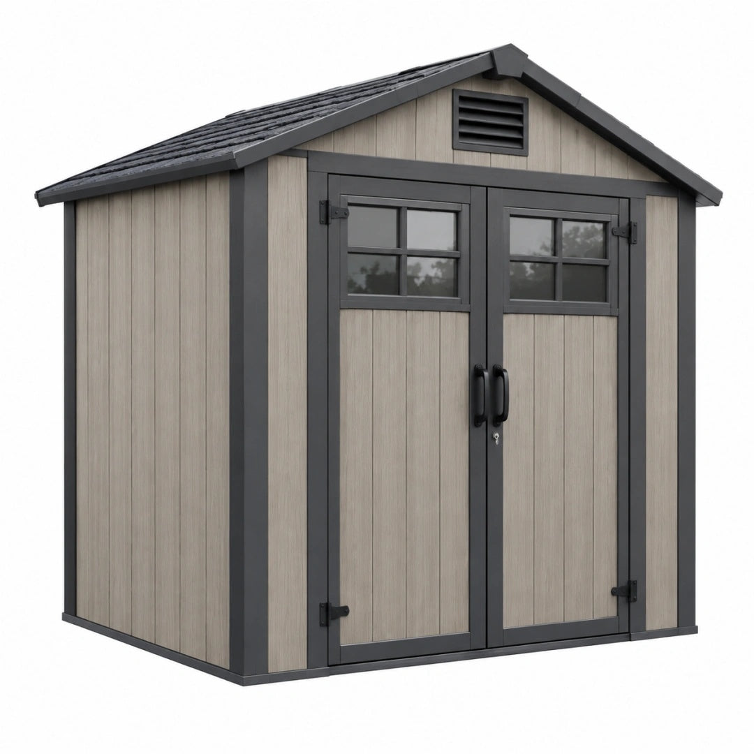 Abri de jardin 180 x 120 x 200 cm en résine gris beige avec double porte et ventilation