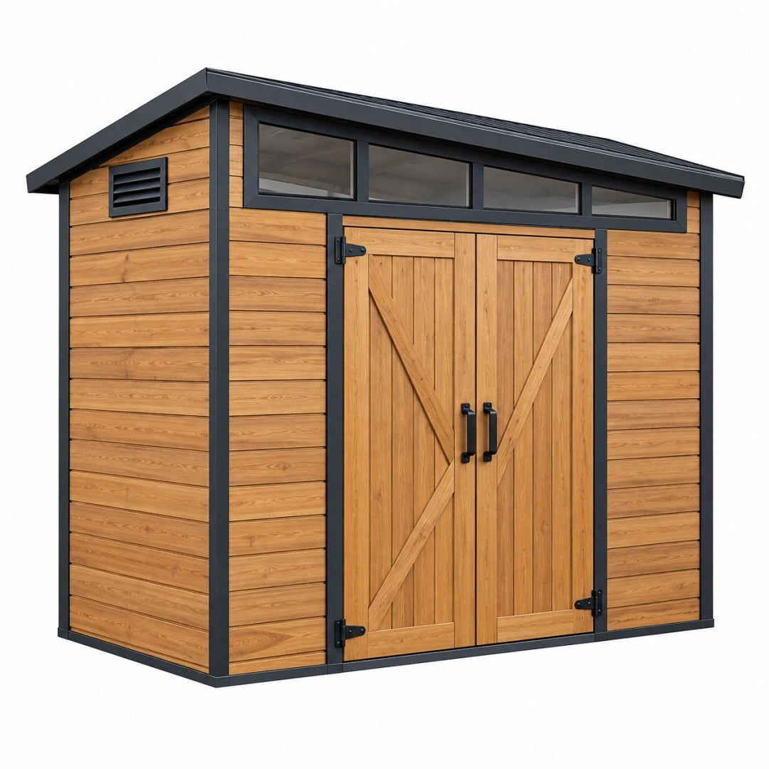 Abri de jardin 200 x 150 x 210 cm en bois naturel et métal noir avec double porte de rangement extérieur