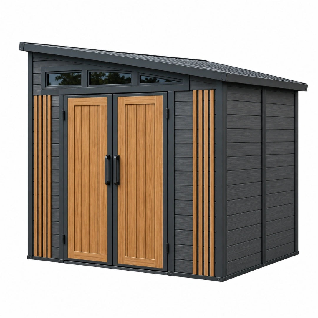Abri de jardin 300 x 200 cm en métal anthracite et finition bois avec portes doubles