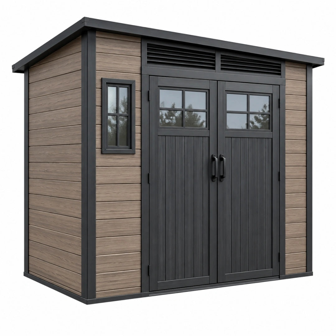 Abri de jardin 200 x 150 x 210 cm en résine brun noir à doubles portes ventilées
