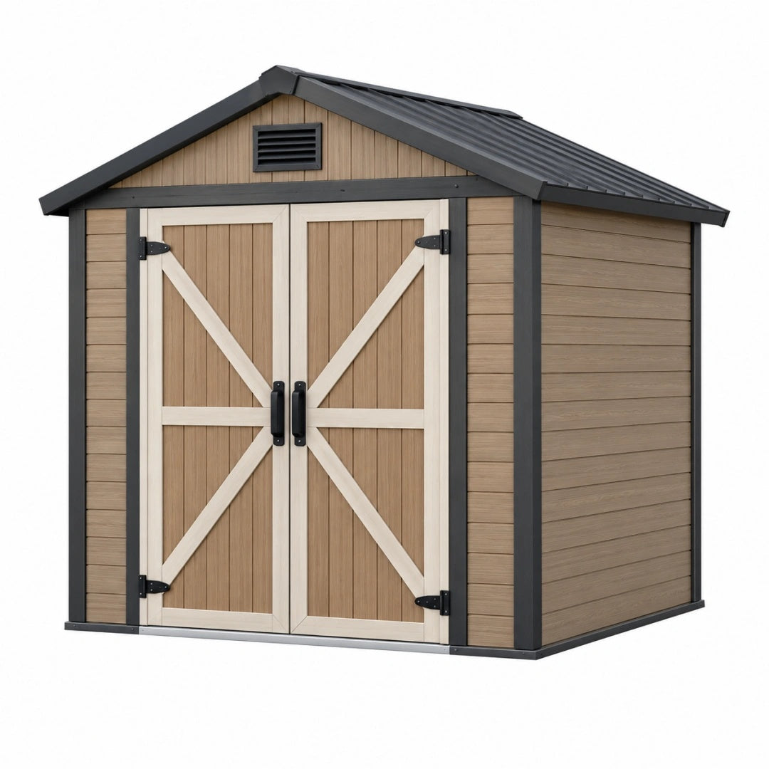 Abri de jardin 183 x 122 x 192 cm en résine beige et marron à double porte toit incliné