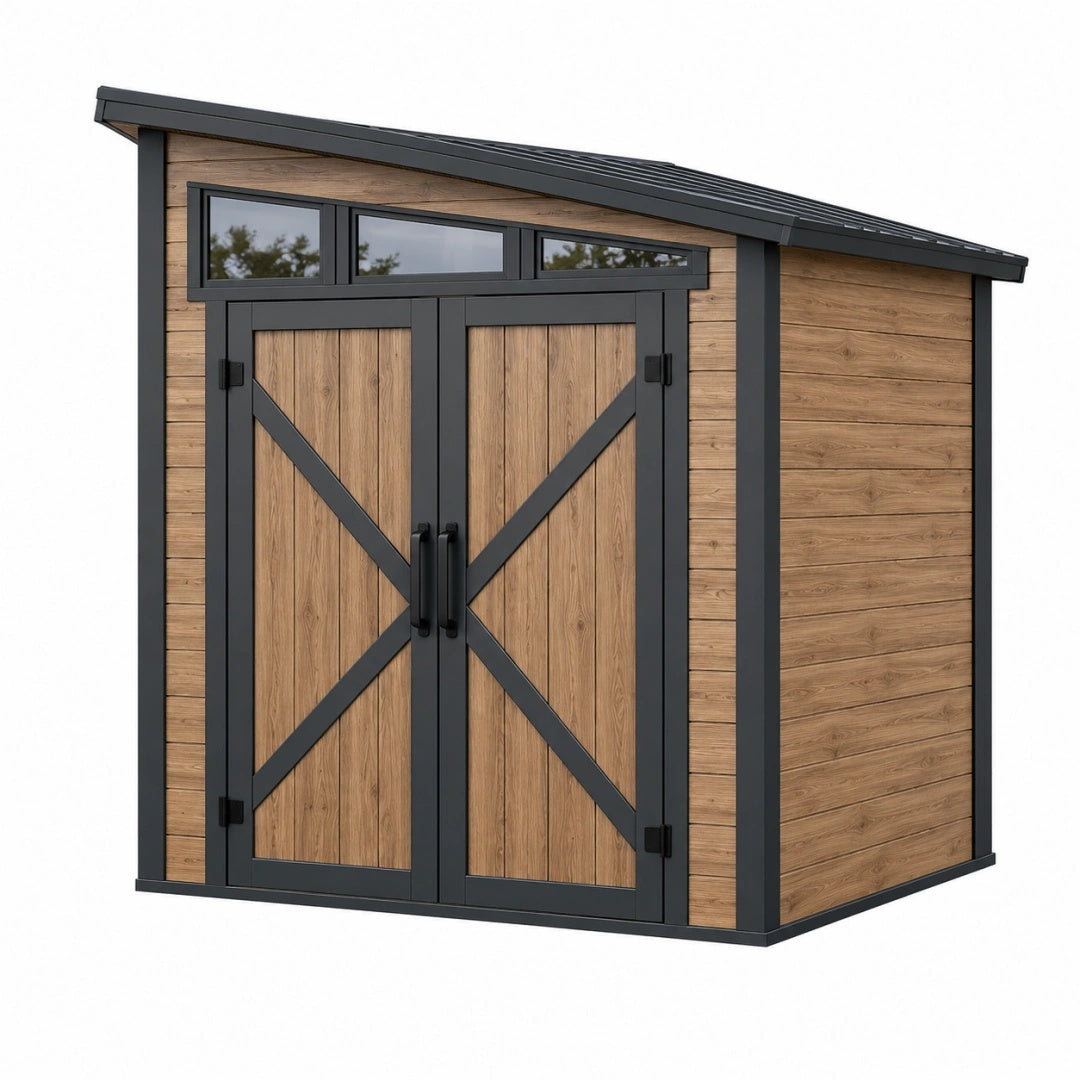 Abri de jardin 240 x 180 x 210 cm bois brun métal noir à double porte style grange