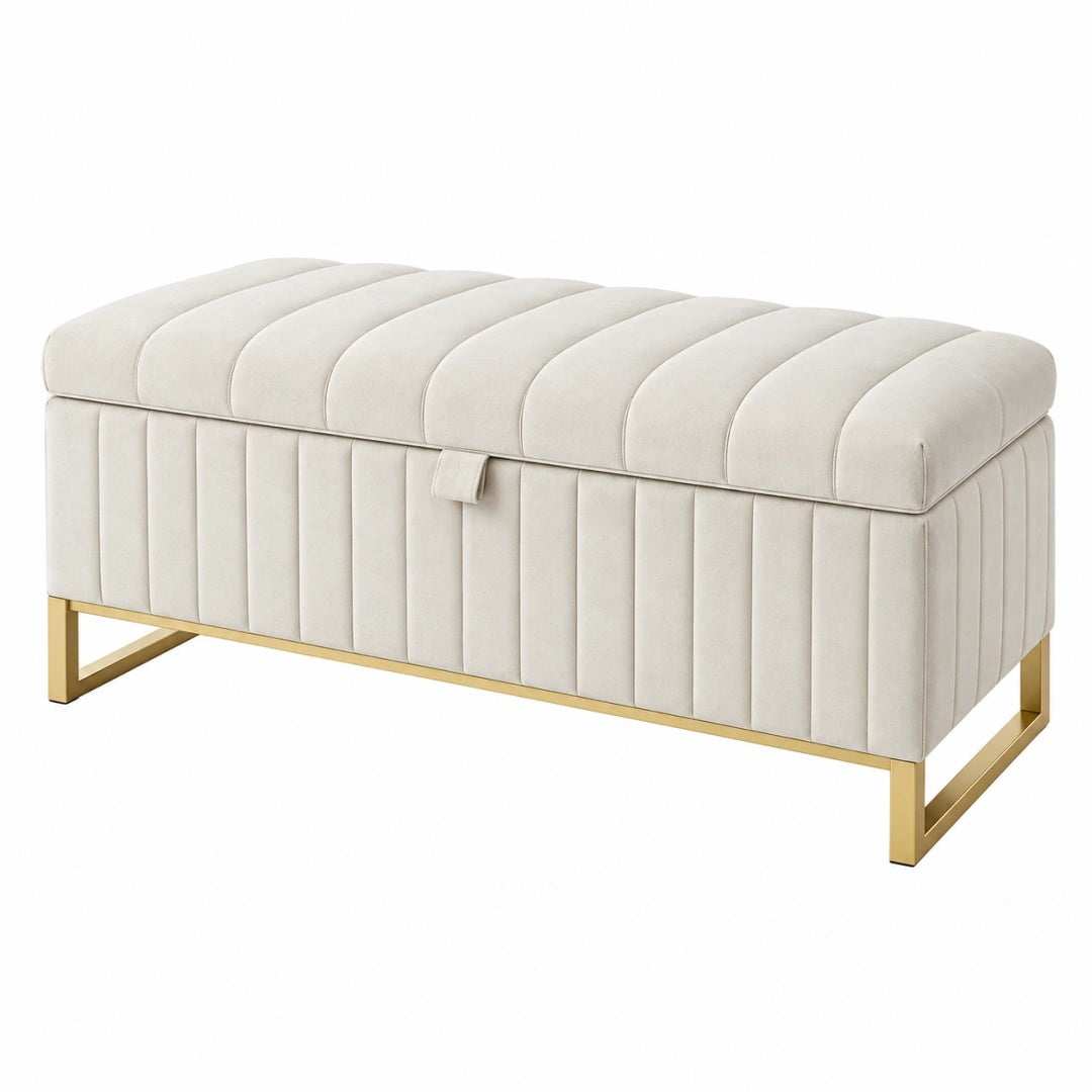 Banc de rangement 120 x 45 x 48 cm en velours beige avec pieds dorés style moderne
