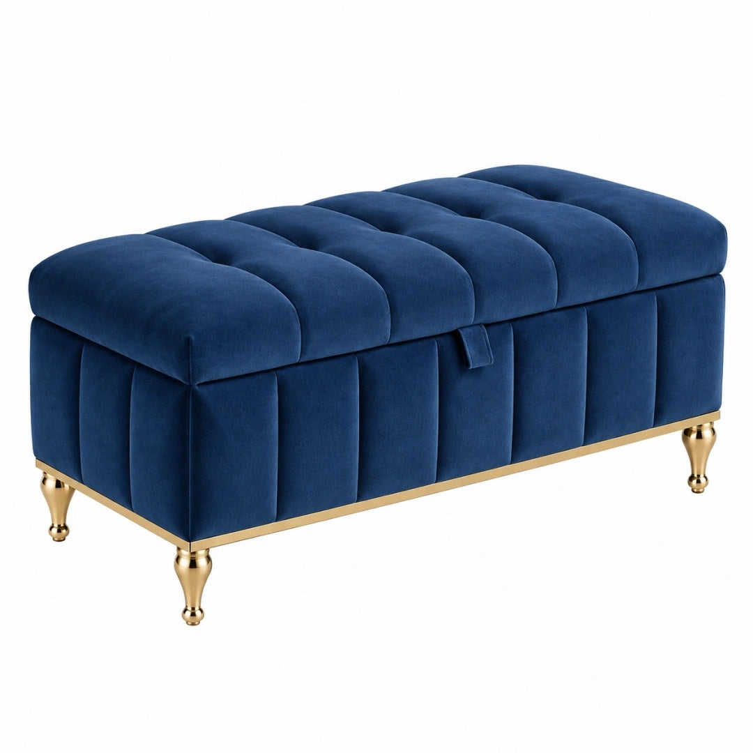 Coffre-banquette 110 x 45 x 45 cm en tissu effet velours bleu avec rangement style classique