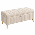 Banc coffre 100 x 40 x 45 cm en tissu effet velours beige avec rangement style contemporain