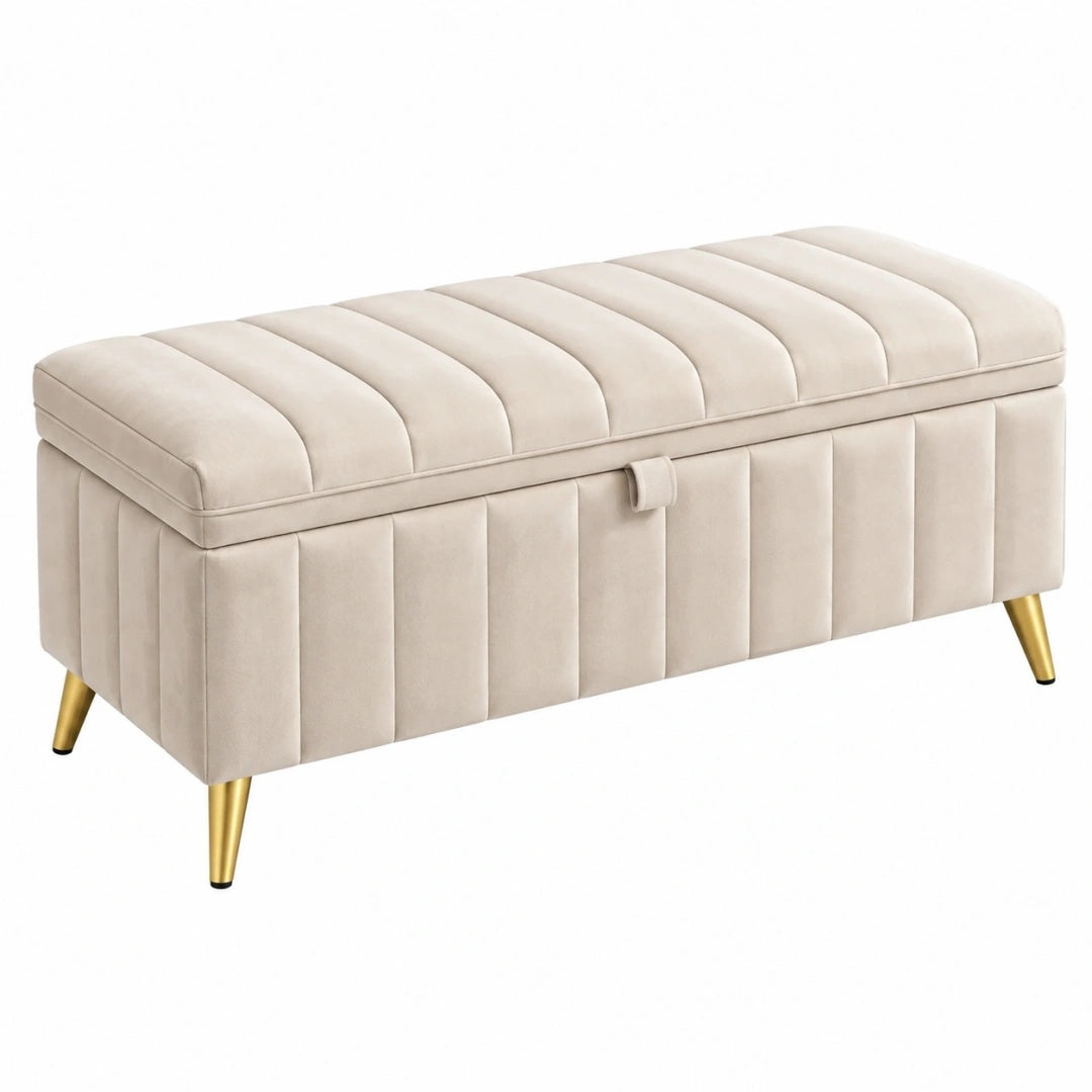 Banc coffre 100 x 40 x 45 cm en tissu effet velours beige avec rangement style contemporain