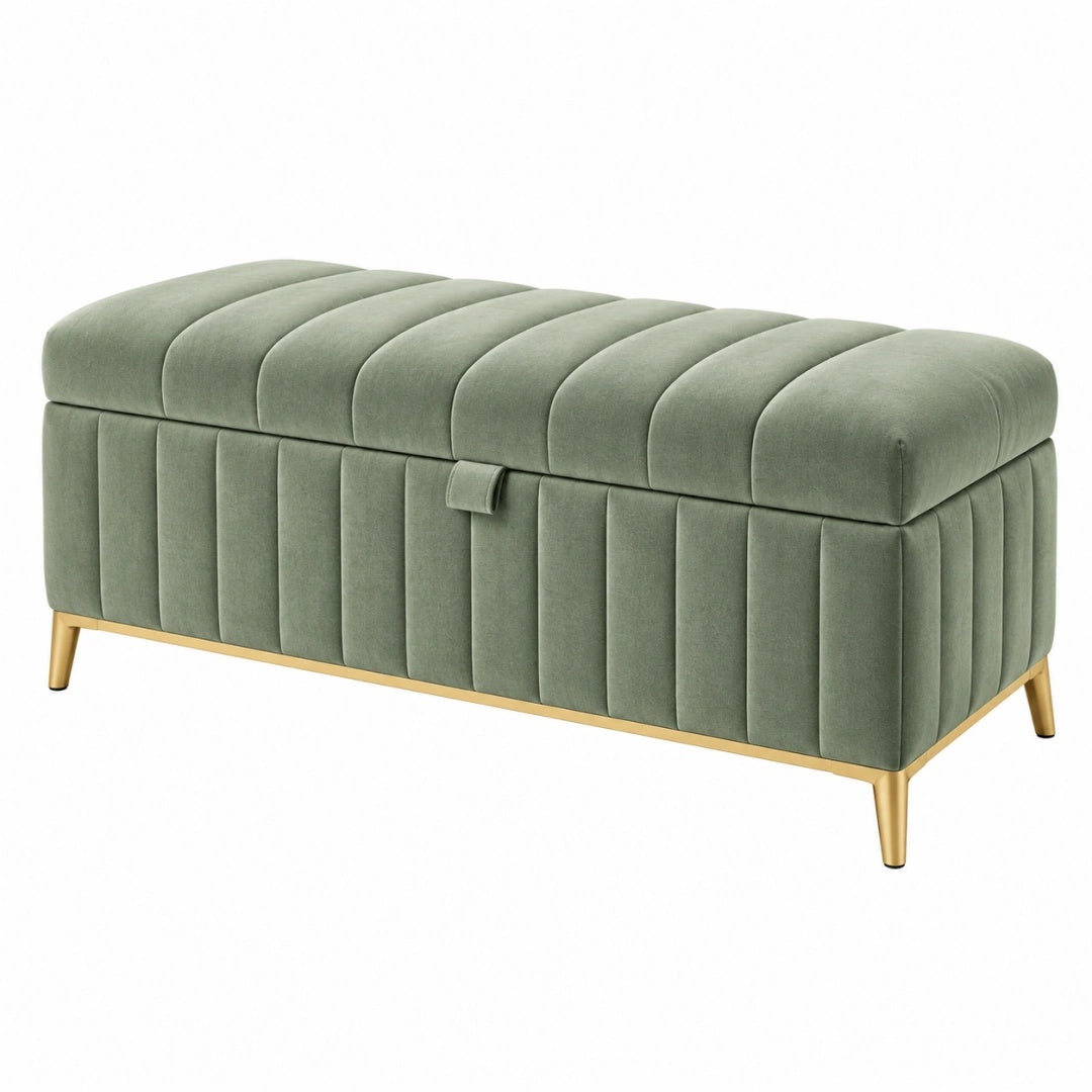 Banc coffre 120 x 45 x 50 cm en tissu effet velours vert avec pieds dorés style contemporain