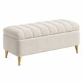 Banc coffre de rangement 100 x 40 x 45 cm en tissu bouclette écru avec pieds métal doré