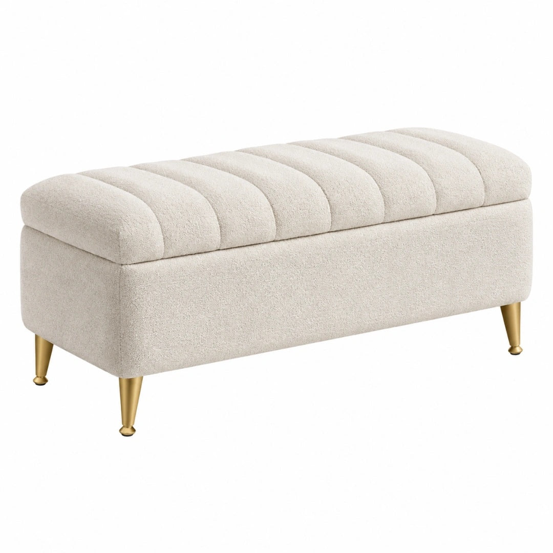 Banc coffre de rangement 100 x 40 x 45 cm en tissu bouclette écru avec pieds métal doré