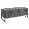 Banc coffre 120 x 45 x 48 cm en velours gris avec piètement métallique capitonné