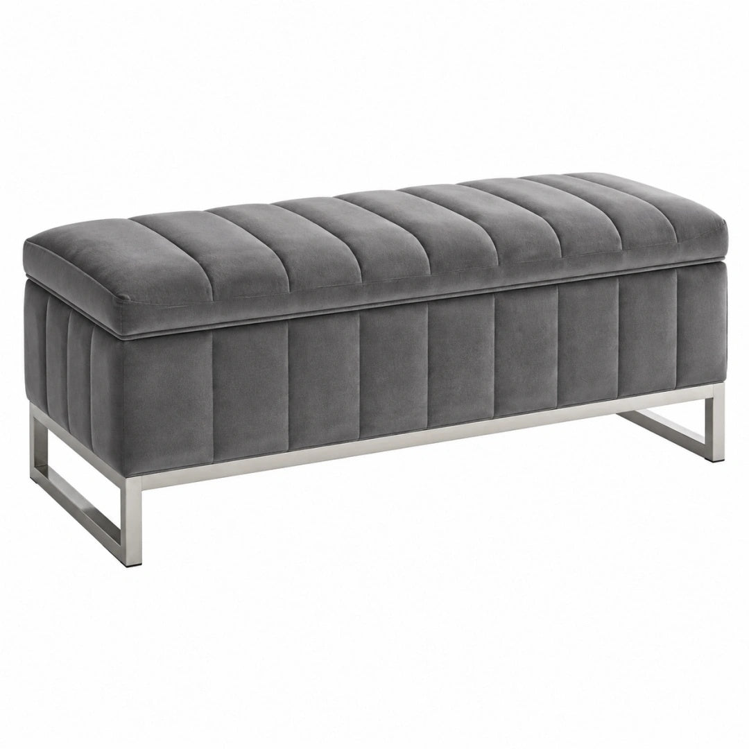 Banc coffre 120 x 45 x 48 cm en velours gris avec piètement métallique capitonné