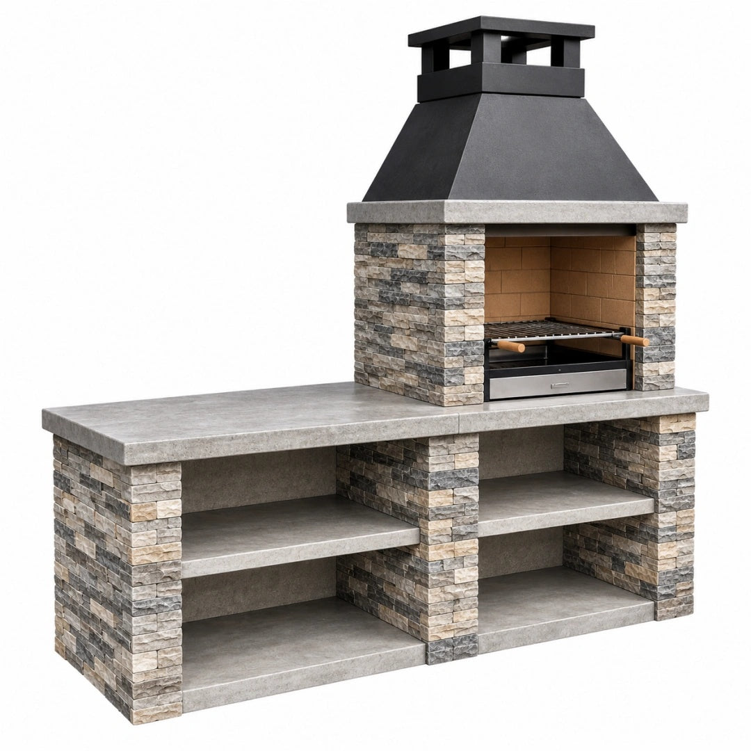 Barbecue de jardin 200 x 70 x 220 cm en pierre grise avec gril en acier style rustique