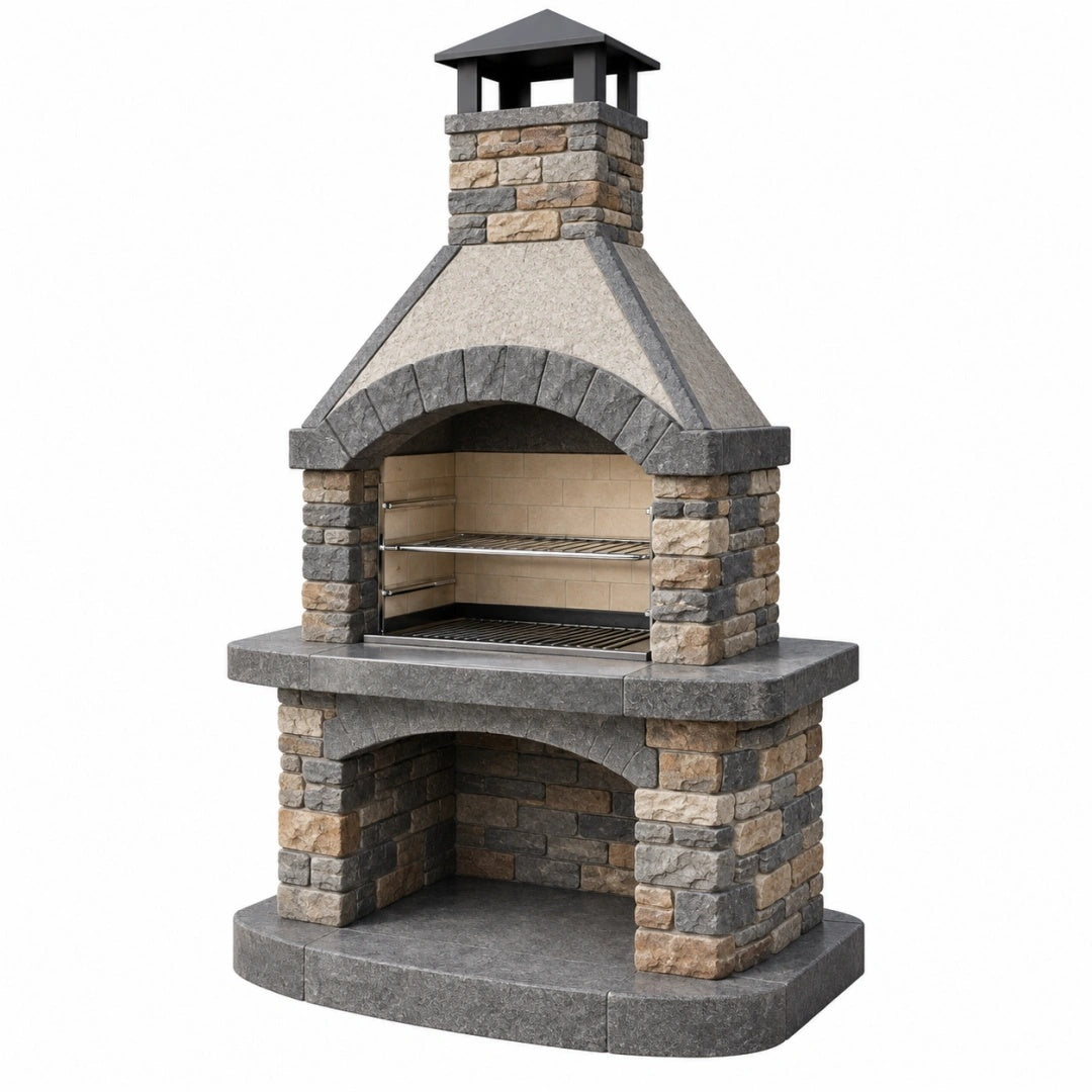 Barbecue de jardin 120 x 90 x 220 cm en pierre grise avec cheminée et grilles métalliques