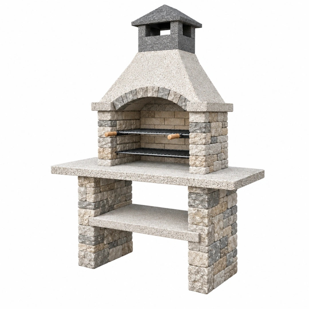 Barbecue de jardin 140 x 70 x 210 cm en pierre beige et gris avec cheminée