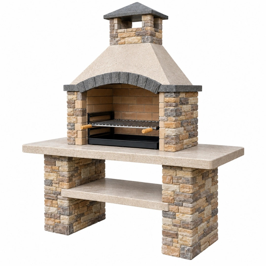 Barbecue de jardin 160 x 70 x 210 cm en pierre et briques réfractaires beige gris avec grille réglable