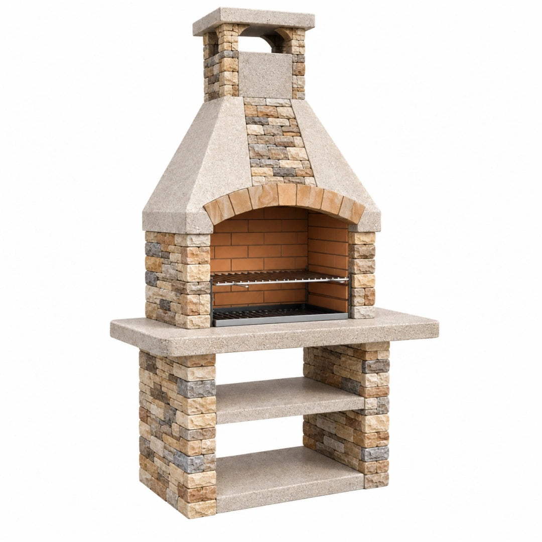 Barbecue de jardin 120 x 70 x 220 cm en pierre beige style rustique avec grill