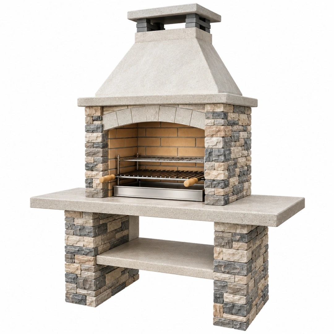 Barbecue cheminée 160 x 90 x 230 cm en pierre beige gris pour jardin avec grilles de cuisson
