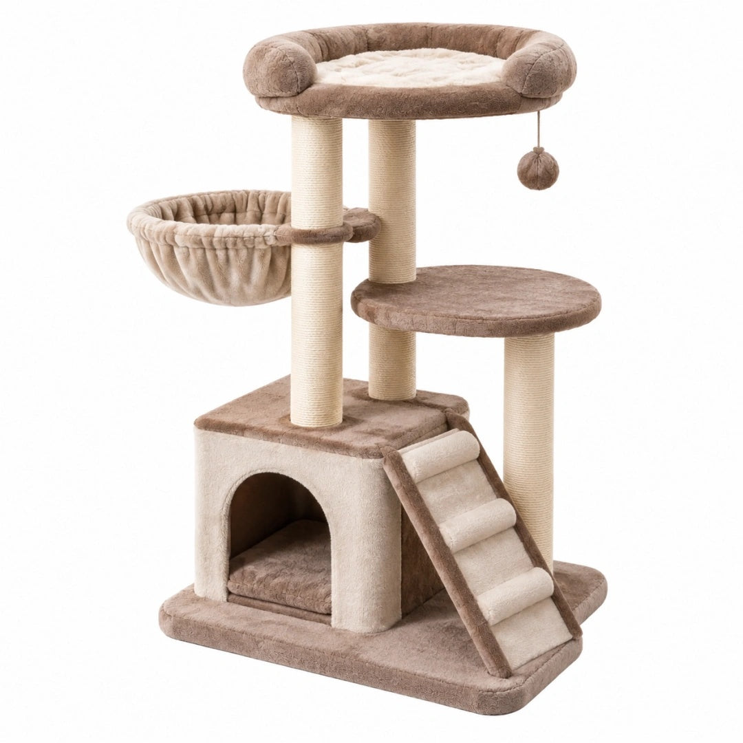Arbre à chat 60 x 50 x 115 cm en peluche taupe et beige avec griffoirs et niche