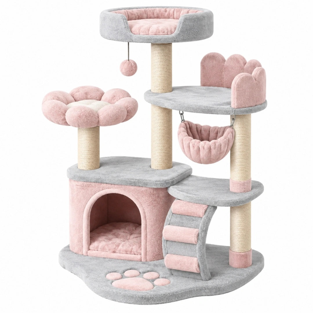 Arbre à chat 60 x 50 x 150 cm en peluche rose et gris avec griffoirs multiniveaux