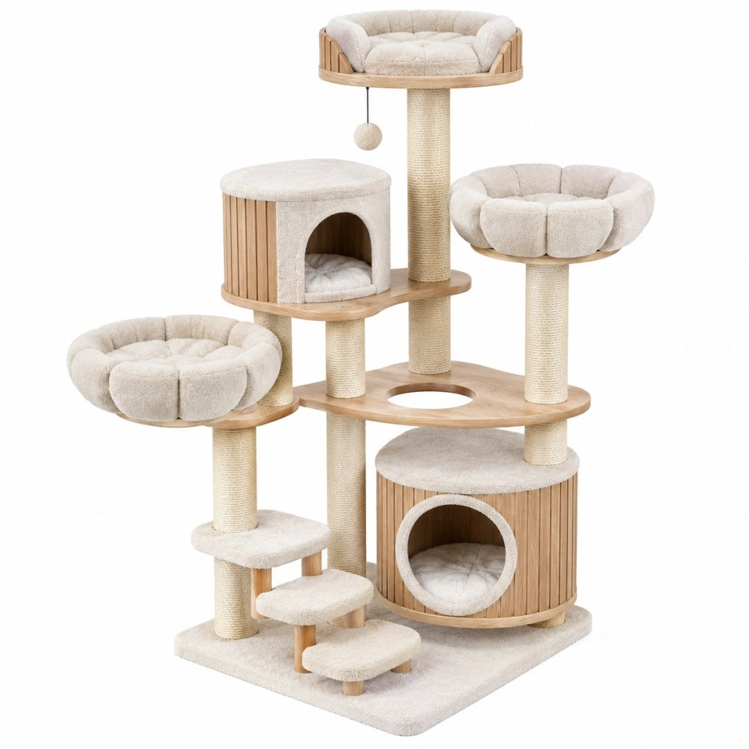 Arbre à chat 60 x 60 x 150 cm en bois beige avec griffoirs et couchages