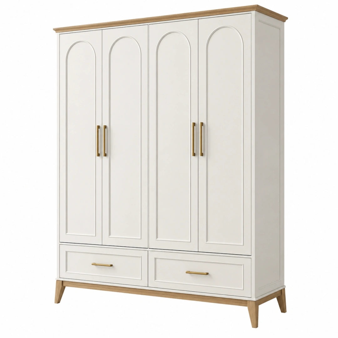 Armoire 4 portes 120 x 55 x 200 cm en bois blanc et naturel avec tiroirs style classique