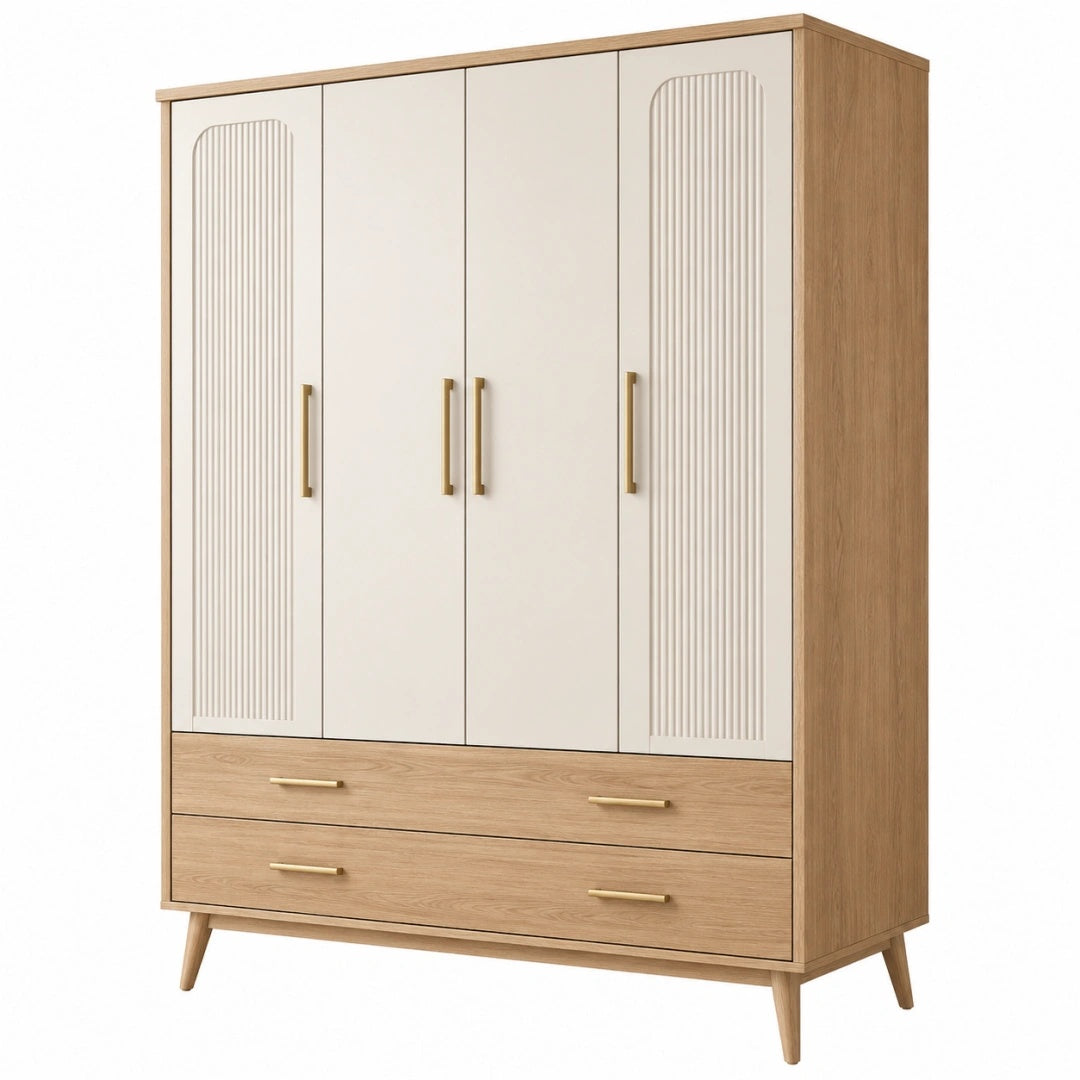 Armoire 160 x 52 x 190 cm en panneaux effet chêne et beige avec 4 portes et 2 tiroirs style moderne