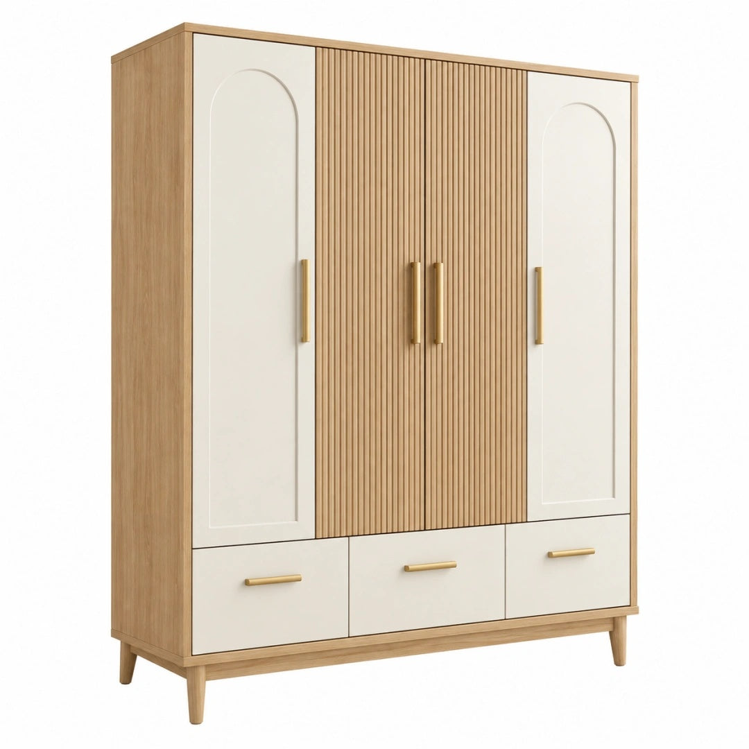 Armoire 160 x 55 x 200 cm en bois beige et blanc à 4 portes avec 3 tiroirs style contemporain