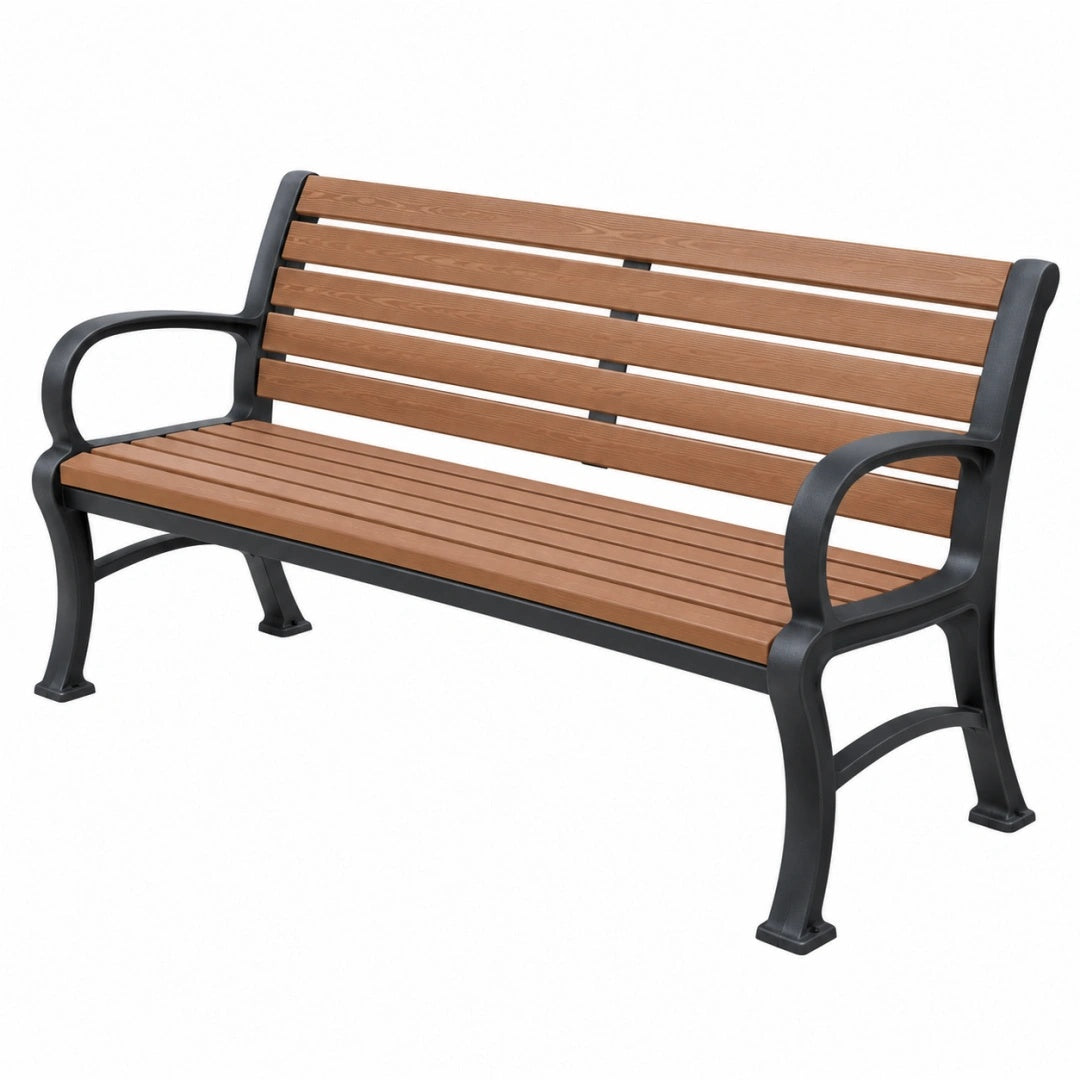 Banc de jardin 150 x 60 x 85 cm en bois marron et métal noir avec accoudoirs