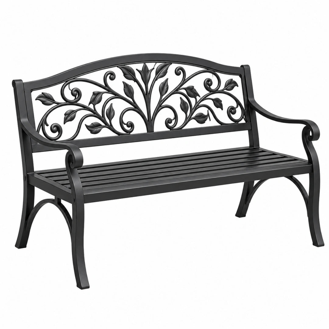 Banc de jardin 122 x 61 x 91 cm en métal noir style floral