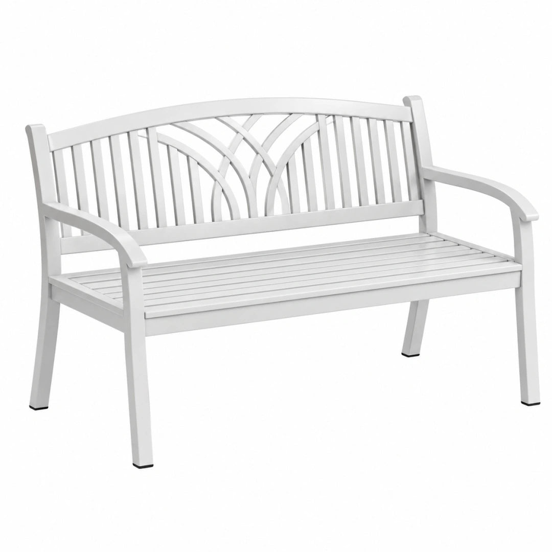 Banc de jardin 120 x 60 x 85 cm en métal blanc avec dossier décoratif pour extérieur