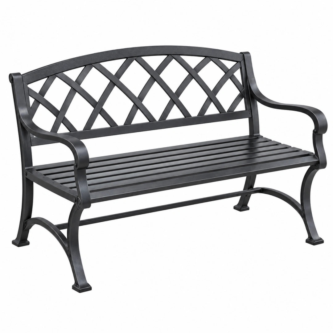 Banc de jardin 125 cm en métal noir à dossier ajouré