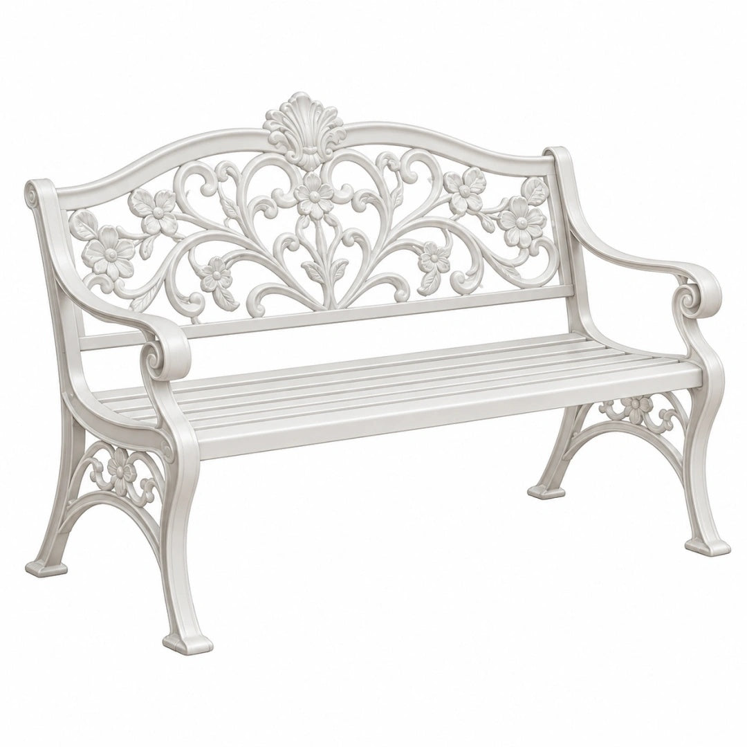 Banc de jardin 122 cm en aluminium blanc style romantique à dossier floral