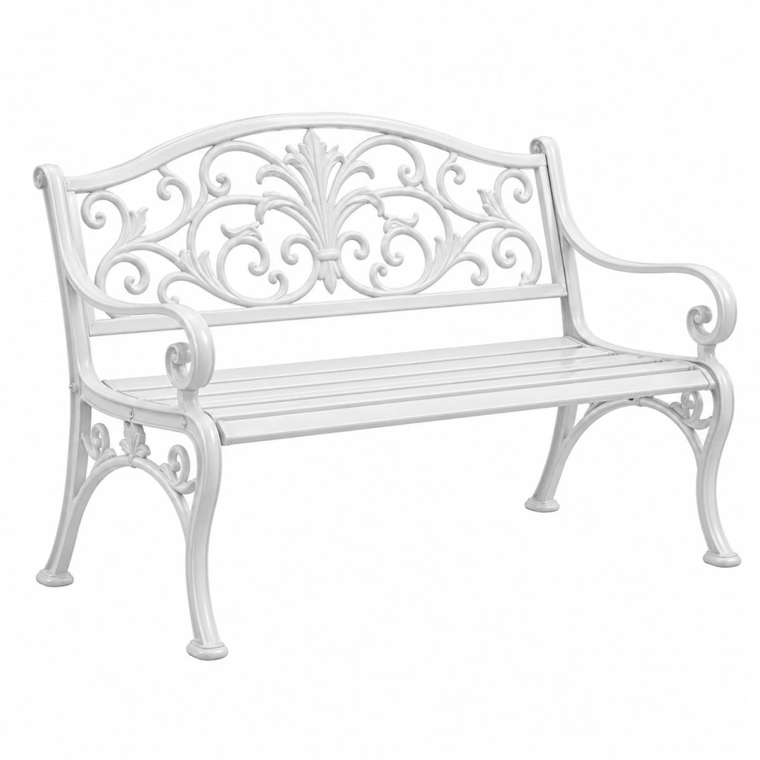Banc de jardin 120 cm en métal blanc style classique à dossier ajouré